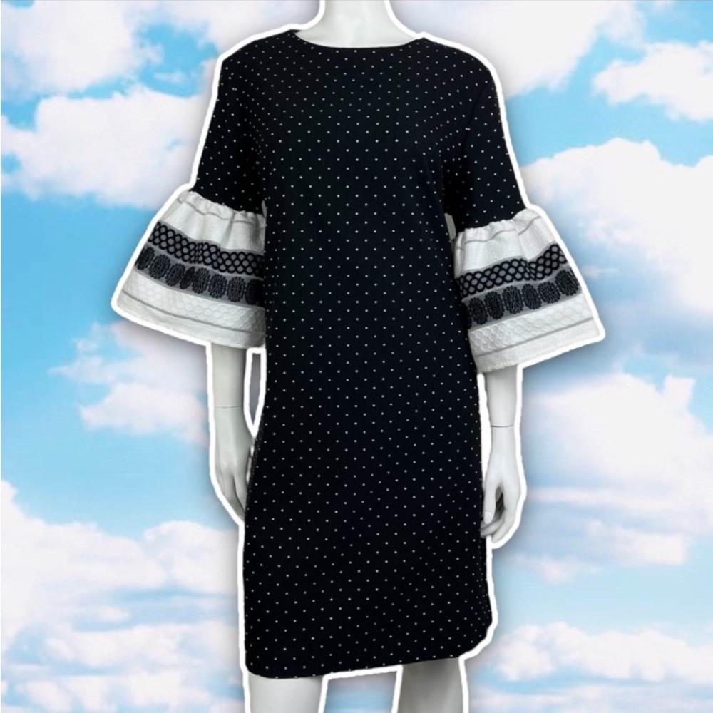 💙 NWOT NEW YORK & COMPANY Embroidered Statement Sleeve Shift Dress Quiet Luxury